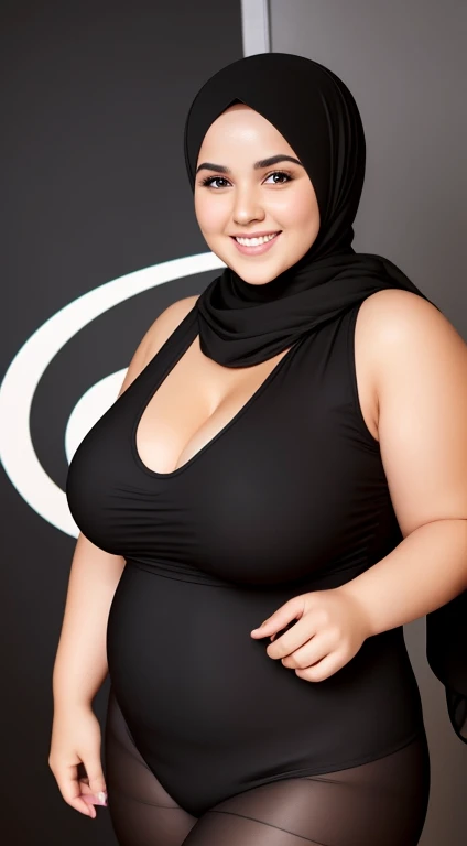 beautiful chubby woman wearing a hijab, wearing a black tank top, wearing cut-out black tights, big breasts, smiling sweetly, body details, face details, pose details, hand details, realistic quality, clear images, good quality, image details, very real re...