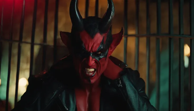 angry sexy looking devil with hones been locked in a cage