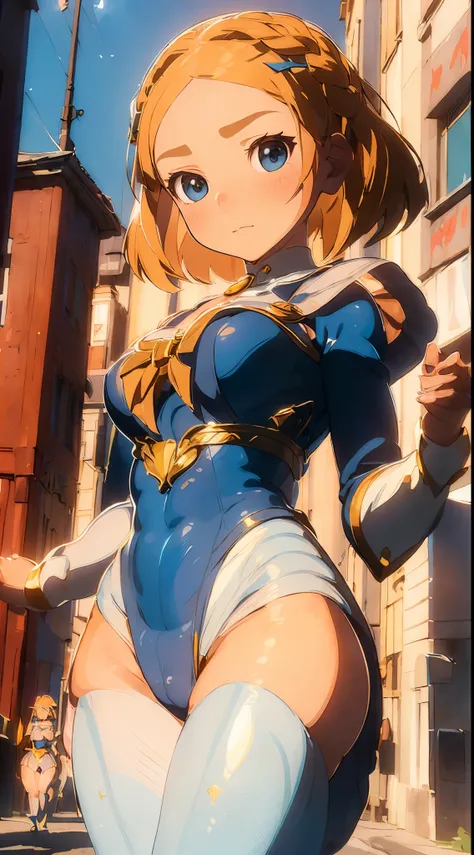 1womanl,Golden hair,12year old ,((Impatient expression)),Beautiful breasts,(((Sexy magical girl white and blue high-leg bodysuit)))(())(((Blushing cheeks、Surprised look)),((())),((( portlate))),Blue eyes,(((Bangs are aligned)))()Street,Crowds(magical girl ...