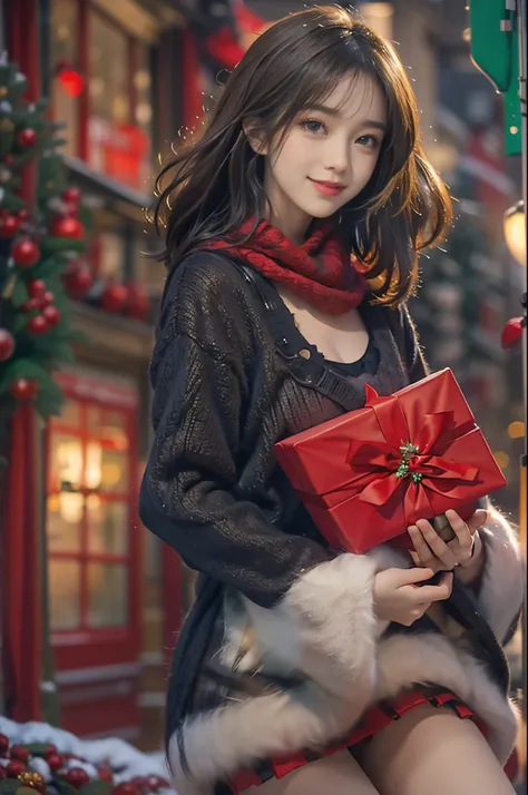 In the gorgeous cityscape on Christmas night, Imagine a brunette woman around 28 years old..., my hair is messy、She is wearing a Santa-style miniskirt and black tights.。.。.. Her bright smile conveys joy as she hands out champagne to the viewers.... The col...