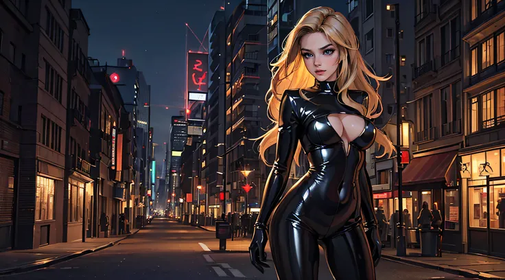 (best quality,4k,8k,highres,masterpiece:1.2),ultra-detailed,(realistic,photorealistic,photo-realistic:1.37),blonde woman in a tight latex outfit,standing in a city street at night,(vivid colors,stark colors),(illuminated,night-time lighting),(urban,modern,...