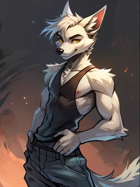 Male, arctic wolf, detailed yellow eyes, long tail, bartender, loose baggy jeans, slim, sly, simple background