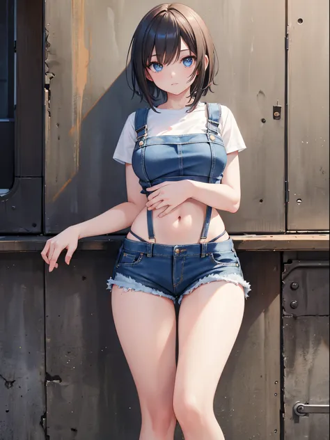 A girl wearing denim shorts and tattered short sleeves，Wearing suspender stockings on the legs，Exposing the abdomen，The figure is good，The head is not exposed，[ 4K realism ]!!, [ 4K realism ]!!!, [ 4K digital art ]!!, Realistic shadow perfect body, realist...