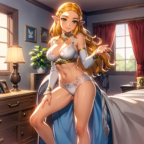 ((masterpiece)),(illustration),(((best quality)),iridescent, high resolution illustration,Amazing,highres,intricate detail, extremely detailed CG unity 8k wallpaper ((zelda)), full body, large breasts, (delicate cute face), blond long hair, lovestruck,(gre...