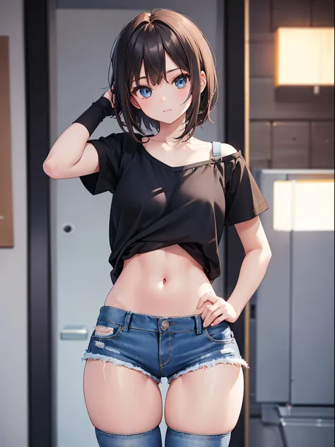 A girl wearing denim hot pants and brown tattered short-sleeves，He wears black stockings on his legs，Exposing the abdomen，The figure is good，The head is not exposed，[ 4K realism ]!!, [ 4K realism ]!!!, [ 4K digital art ]!!, Realistic shadow perfect body, r...