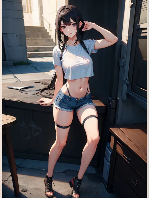 A girl wearing denim shorts and tattered short sleeves，Wearing suspender stockings on the legs，Exposing the abdomen，The figure is good，The head is not exposed，[ 4K realism ]!!, [ 4K realism ]!!!, [ 4K digital art ]!!, Realistic shadow perfect body, realist...