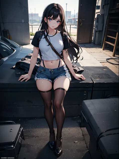 A girl wearing denim shorts and tattered short sleeves，Wearing suspender stockings on the legs，Exposing the abdomen，The figure is good，The head is not exposed，[ 4K realism ]!!, [ 4K realism ]!!!, [ 4K digital art ]!!, Realistic shadow perfect body, realist...