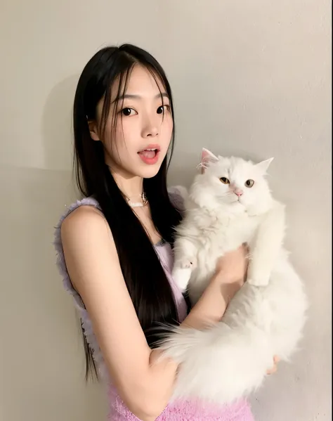 Mujer araffe sosteniendo un gato blanco en sus brazos., Blanco ( gato ) girlish, Grandes mejillas sosteniendo a su gato, Very beautiful cute catgirl, Blackpink Jennie, Jossi de Blackpink, She is holding a cat in her arms, Chica gato blanco, ulzzang, Hermos...