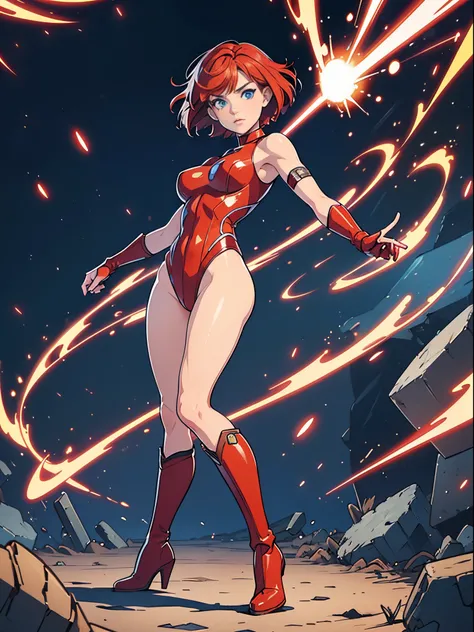 1girl, redhead, bob hair, short hair, blue eyes, beautiful detailed eyes, superhero, mature woman, spread arms, leotard, red leotard, bare legs, boots, gloves, standing, perfect anatomy, cowboy shot, (full body shot), superpower, light particles, body infu...