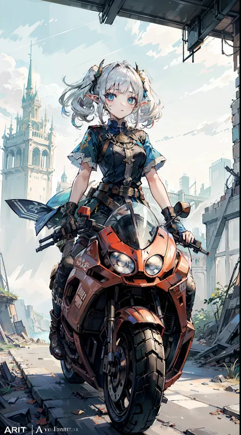 a elf girl driving a motor superbike in the ruined castle, (beautiful detailed face, eyes), (ground pov, viewed from a distance:...