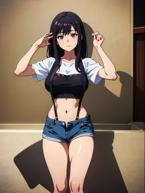 A girl wearing denim shorts and tattered short sleeves，Wearing suspender stockings on the legs，Exposing the abdomen，The figure is good，The head is not exposed，[ 4K realism ]!!, [ 4K realism ]!!!, [ 4K digital art ]!!, Realistic shadow perfect body, realist...