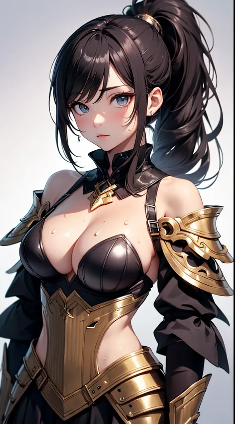 tmasterpiece, Top image quality, A high resolution、独奏、LOP，Off-the-shoulder attire，Huge big breasts，small tit、battle garment，armour、High ponytail hairstyle、Not wearing a bra、Sweaty face、Latino, puberty,Winters，Yuki