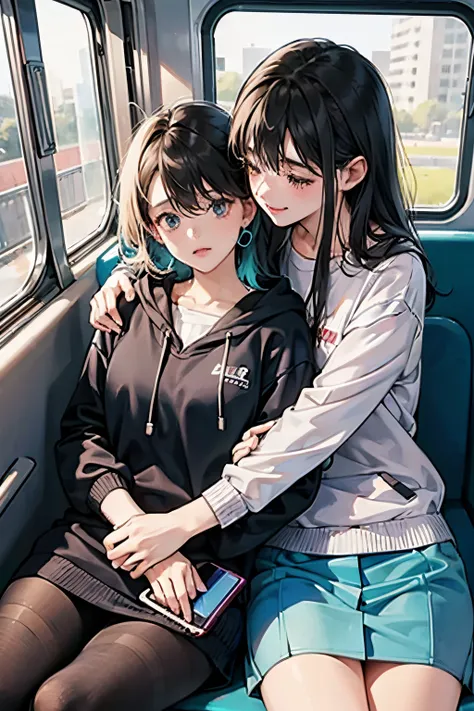 ２Two girls are listening to music on their smartphones with earphones while cuddling each other as if hugging each other.,They&#39;re both cute,intimate lovers,tre anatomically correct,Precise fingers,student clothes,on train,k-saku,Best Quality,