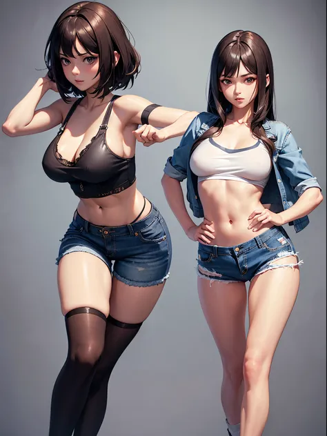 A girl wearing denim hot pants and brown tattered short-sleeves，He wears black stockings on his legs，Exposing the abdomen，The figure is good，The head is not exposed，[ 4K realism ]!!, [ 4K realism ]!!!, [ 4K digital art ]!!, Realistic shadow perfect body, r...