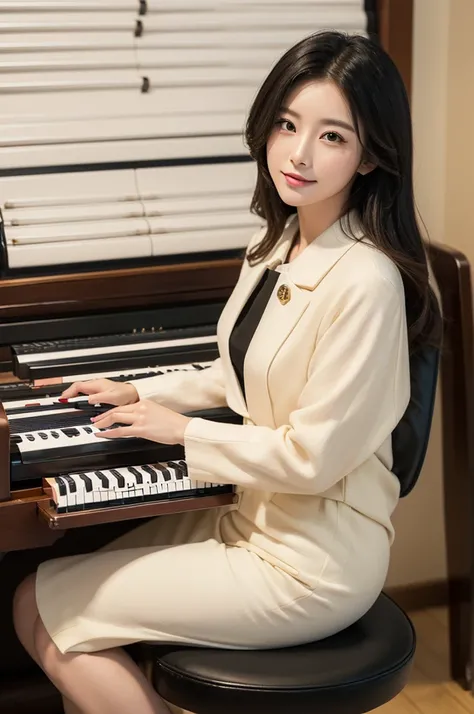 Super Beautiful Office Lady、(((sit on a chair and play an electronic organ)))、(((top-quality, ​masterpiece))), (((ighly detailed)))