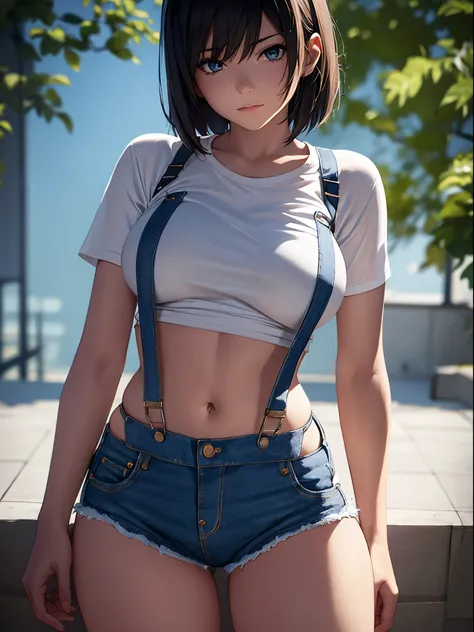 A girl wearing denim shorts and tattered short sleeves，Wearing suspender stockings on the legs，Exposing the abdomen，The figure is good，The head is not exposed，[ 4K realism ]!!, [ 4K realism ]!!!, [ 4K digital art ]!!, Realistic shadow perfect body, realist...