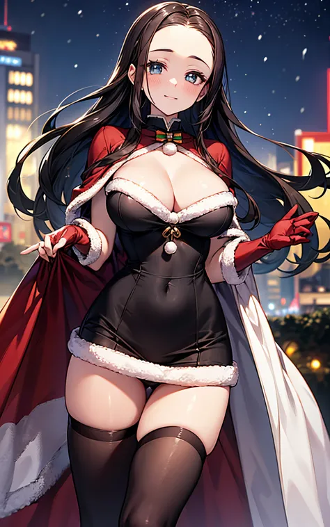 Top resolution、 Top image quality、 ​masterpiece、 8K、 (((One Woman)))、(((24 year old)))、 ssmile、red blush、  (((5 head body、pretty pose、 large full breasts、sparkly eyes、Light in the eyes)))、、 (((Beautie)))、(((Black Santa)))、 Wearing a cloak、skirt by the、((Lo...