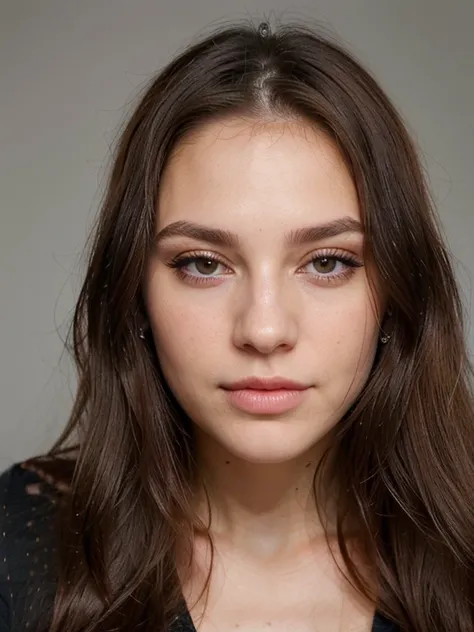 Close-up of a woman with long hair and a black top, visage sexy avec maquillage complet, portrait de face, Portrait en gros plan de visage, regard sensuel, Photo portrait doux 8 k, Retouched face, portrait en gros plan de face, 18 ans, avec un maquillage p...