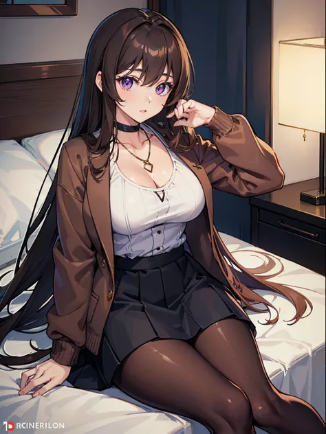 (((Best Quality))), 1girl in, Brown hair, Sweaters, Jacket, Large breasts, Purple eyes, Long hair, Default Skin, Skirt, pantyhose, Japanese, Necklace, Sitting