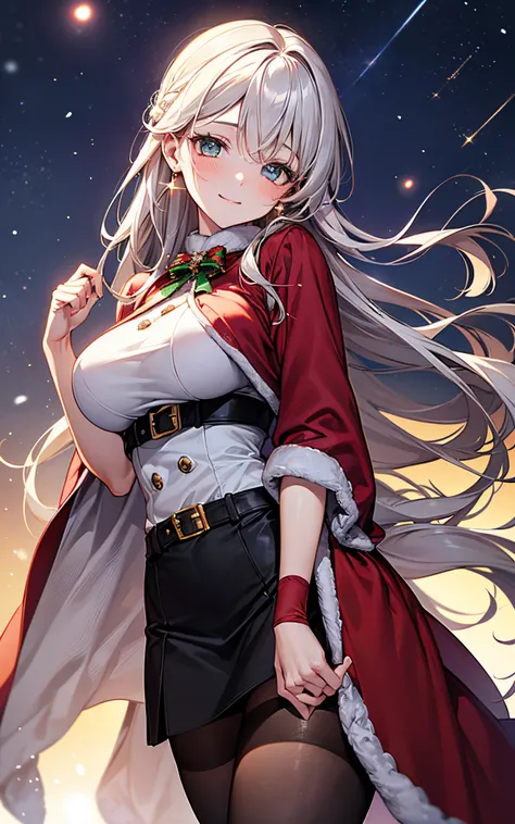 Top resolution、 Top image quality、 ​masterpiece、 8K、 (((One Woman)))、(((24 year old)))、 ssmile、red blush、  (((5 head body、pretty pose、 large full breasts、sparkly eyes、Light in the eyes、hair adornments)))、、 (((Beautie)))、(((Black Santa)))、 Wearing a cloak、(...