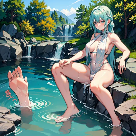 best quality, Meisterwerk, Super high definition, a supermodel bathing in a hot spring in Japan, Outdoor hot spring, Stone hot spring, surrounded by moss and trees, Super beautiful face, Pure body, klare Poren sichtbar, (smil:0.8), Split tragen (Stirnband ...