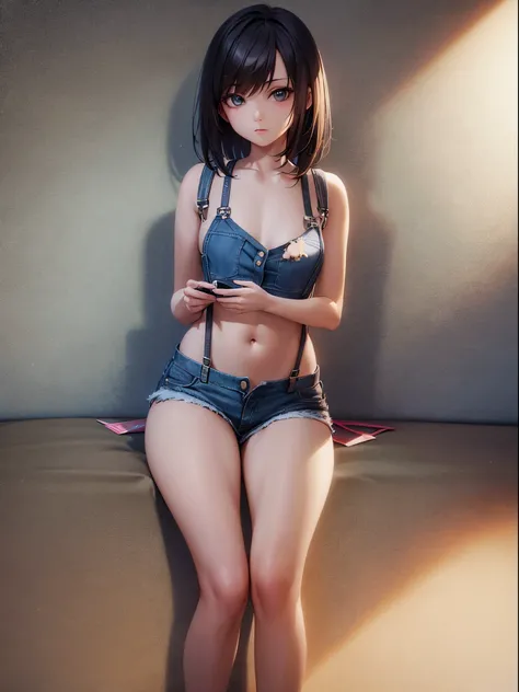 A girl wearing denim shorts and tattered short sleeves，Wearing suspender stockings on the legs，Exposing the abdomen，The figure is good，The head is not exposed，[ 4K realism ]!!, [ 4K realism ]!!!, [ 4K digital art ]!!, Realistic shadow perfect body, realist...