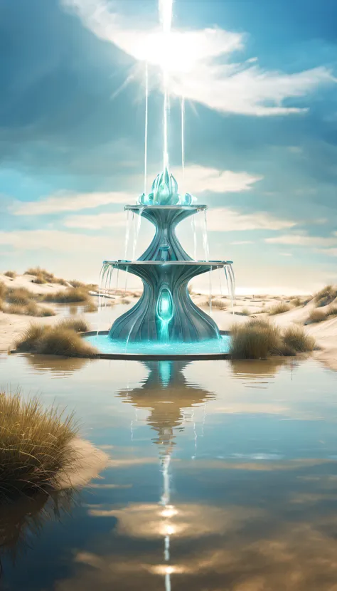 Surreal 3D rendering，Large cybernetic wishing fountain depicted in the dunes, Faucet sprays in the air, marshes，Reflection in the water，Ethereal，Super fantasy