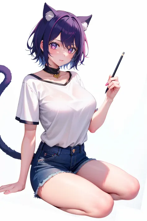 Cute girl,a painter,Painters clothes,short hair, Drawing board, Hand drawing is better, adult girl, Girl, woman, sexy, Colors,big breasts, big chest,draw, full body, Cat ears, cat collar, cat tail