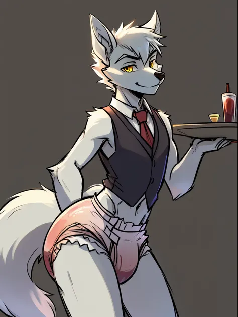 Male, arctic wolf, detailed yellow eyes, long tail, bartender, slim, sly, simple background, detailed plain diaper