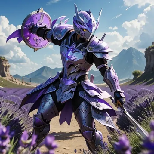 The lavender-inspired armored warrior charges into battle, their armor adorned with intricate floral patterns. As they raise their shield, a burst of lavender energy emanates from it, protecting them from their enemies.