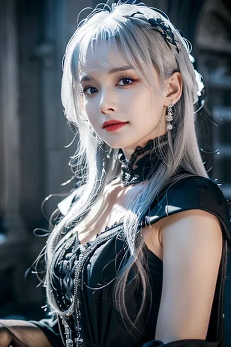 woman in black dress, beautiful attractive woman in gothic fantasy, perfect gray hair girl, girl with white hair,