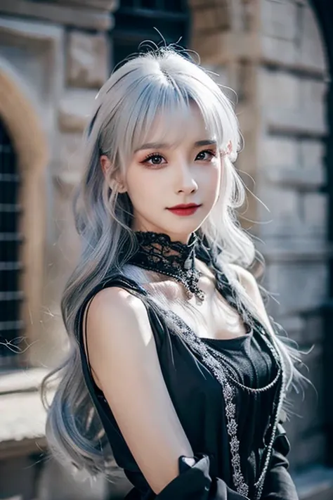 Woman in black dress, Beautiful attractive woman in gothic fantasy, perfect gray hair girl, Girl with white hair,