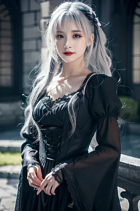 Woman in black dress, Beautiful attractive woman in gothic fantasy, perfect gray hair girl, Girl with white hair,