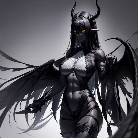 Best quality，A high resolution，One demon，(Pure black skin:1.7)，(a pair of long, curved horns：1.5)，Wings with black feathers，brassier，（huge tit：1.3），（sexy for：1.3），（Muscular）