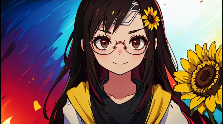 Beautiful girl with glasses, Cabello largo y negro, ramo de girasol y rosas rojas, colores brillantes, sonriente, Calidad 8K, cinematic focus, ojos cerrados