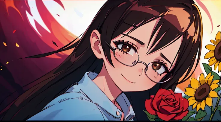 Beautiful girl with glasses, Cabello largo y negro, ramo de girasol y rosas rojas, colores brillantes, sonriente, Calidad 8K, cinematic focus, ojos cerrados