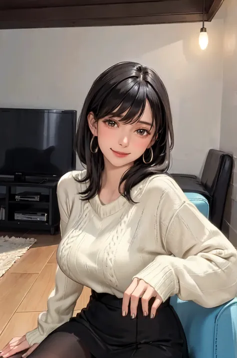 1lady standing, /(oversized sweater/) v-neck, mature female, /(black hair/) bangs, blush kind smile, (masterpiece best quality:1.2) delicate illustration ultra-detailed, large breasts pantyhose BREAK /(modern house living room/) indoors