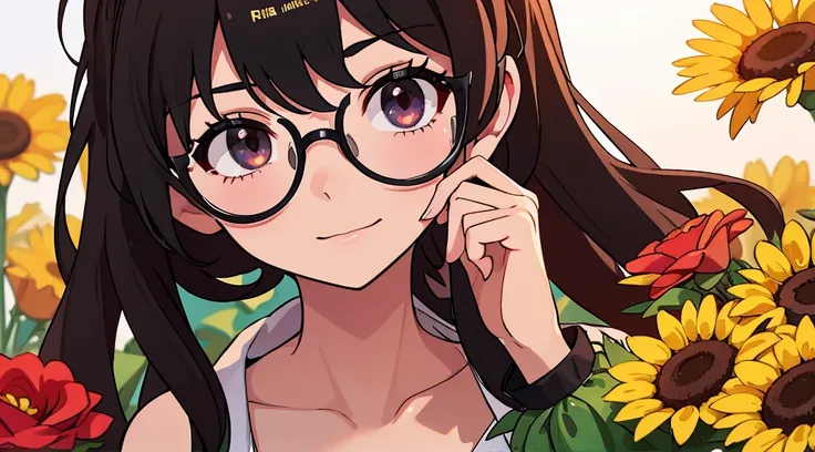 Beautiful girl with glasses, Cabello largo y negro, ramo de girasol y rosas rojas, colores brillantes, sonriente, Calidad 8K, cinematic focus, ojos cerrados