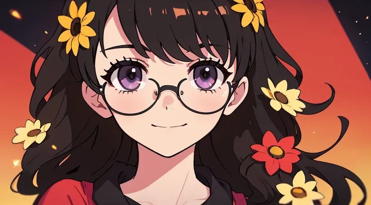 Beautiful girl with glasses, Cabello largo y negro, ramo de girasol y rosas rojas, colores brillantes, sonriente, Calidad 8K, cinematic focus, ojos cerrados