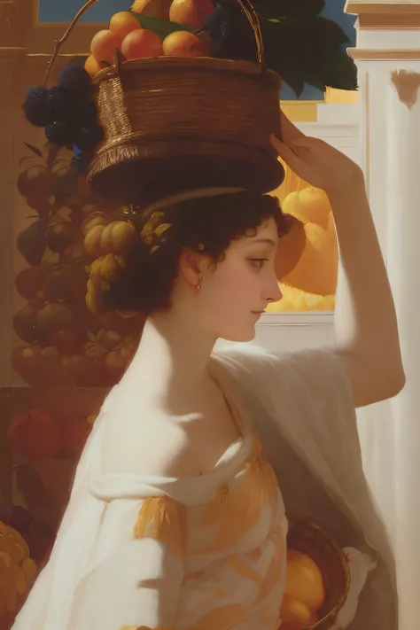 Arafad woman with basket of fruits on head, author：Lord Frederick Leighton, author：frederic layton, Inspired by Lord Frederick Leighton, Raymond Layton, Inspired by Frederic Leighton, Inspired by Walter Layton Clark, frank dixie, author：Walter Leighton Cla...