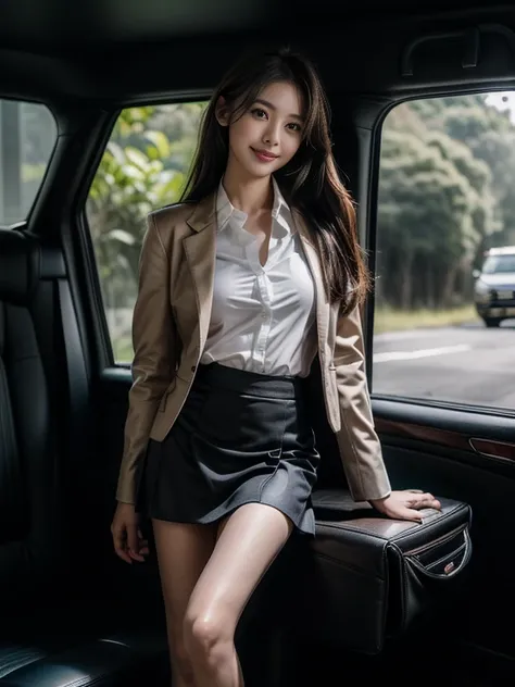 ((top-quality、in 8K、​masterpiece:1.3、Raw photo))、Super high quality photos, Inside a luxury limousine running through a tropical jungle, ((Wearing a business suit with jacket and skirt)), ((Beautiful Japanese woman sitting on a seat)),((Wear a white blouse...