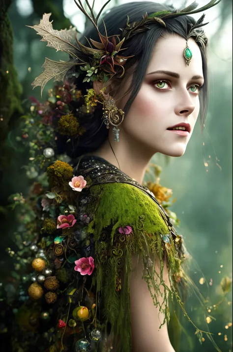 Looks like Kirsten Stewart, Closeup of a Surreal moss Elf with pointy ears in the styles of Ernst Haeckel, Arthur Rackham, Roger Dean, Jeff Wall, by Wolfgang Tillmans, Brooke Shaden $etching drawing illustration$ resin
detailed matte painting, deep color, ...