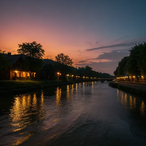 landscape shot　Evening glow　along the river　Thin crescent　stele