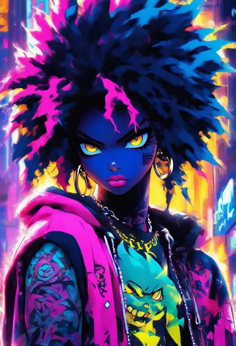 The most beautiful and sexy punk rock girl, black Afro, black and purple, blue hair, yellow eyes, dark skin, wearing a hoodie, Graphic design jacket and torn skinny jeans, tons of tattoos and piercings, Perfect masterpiece, high quality, High resolution, b...