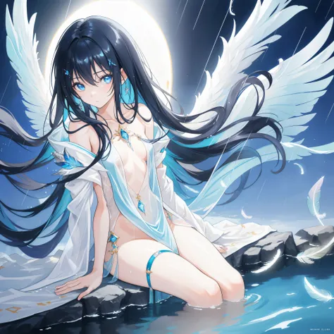 ((A close up)) of a black-haired anime teen girl, (sitting in the (river)), ((strong sunlight)), cinematic light, slim body, skin is perfectly healthy, soft, and smooth, Extremely delicate and beautiful CG illustration, best quality, high resolution, dynam...