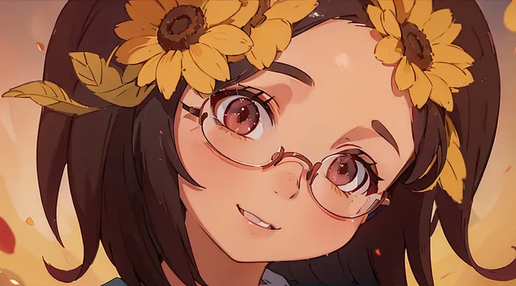 Beautiful girl with glasses, Cabello largo y negro, ramo de girasol y rosas rojas, colores brillantes, sonriente, Calidad 8K, cinematic focus, ojos cerrados