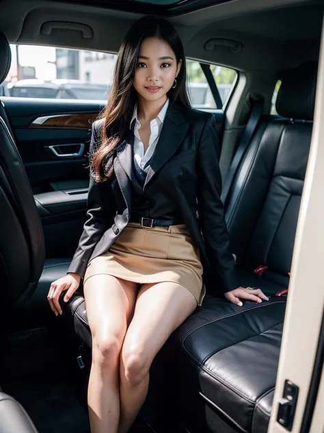 ((top-quality、in 8K、​masterpiece:1.3、Raw photo))、Super high quality photos, Inside a luxury limousine running through a tropical jungle, ((Wearing a business suit with jacket and skirt)), ((Beautiful Japanese woman sitting on a seat)),((Wear a white blouse...