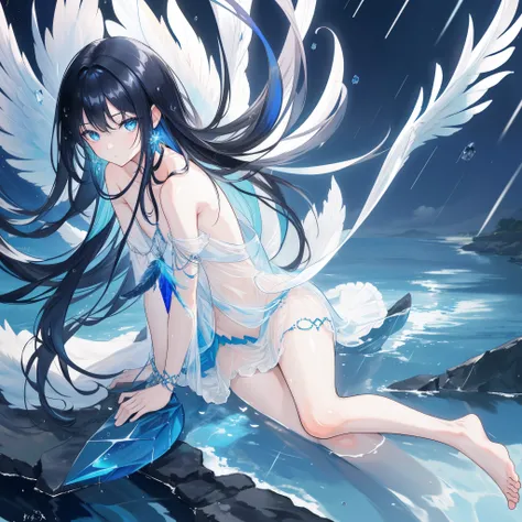 ((A close up)) of a black-haired anime teen girl, (sitting in the (river)), ((strong sunlight)), cinematic light, slim body, skin is perfectly healthy, soft, and smooth, Extremely delicate and beautiful CG illustration, best quality, high resolution, dynam...