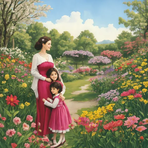 Postcard on an International Mothers Day, beautiful colours, nice picture of a Mother and her kid, flowers in background