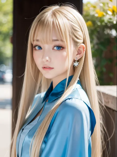 Beautiful silky skin、long swaying bangs、beautiful countenance、Blonde straight super long、poneyTail、Cute Beautiful Girl、Beautiful, big pale blue eyes、Double eyelids、bright expression、